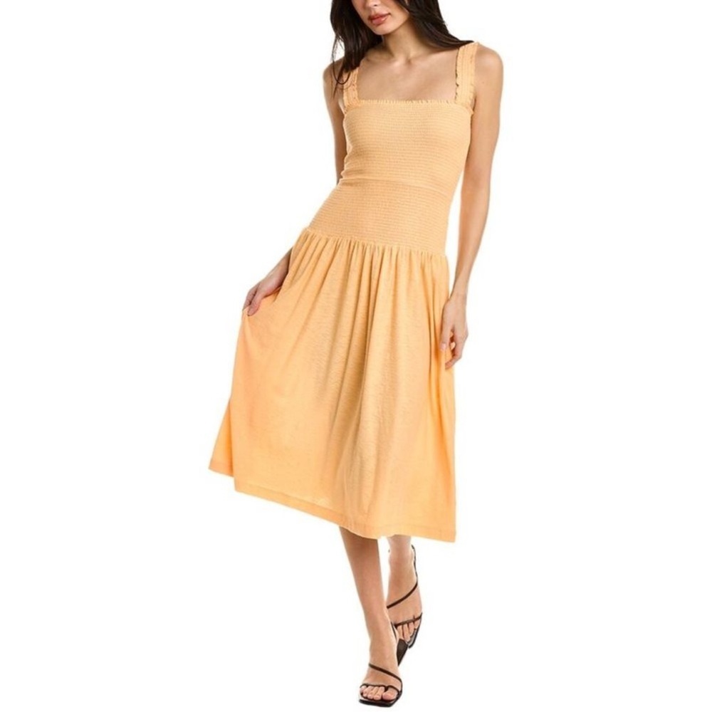 NATION LTD Gabby Smocked Pima Cotton Midi Dress in Peach NWT